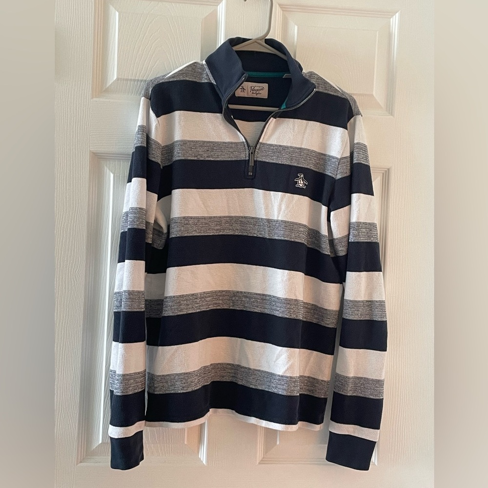 Blue and Gray Zip Up Sweater with Classic Stripes